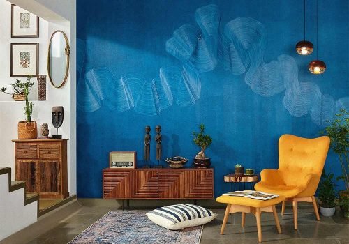 blue textured accent wall designs with a yellow sofa chair bea